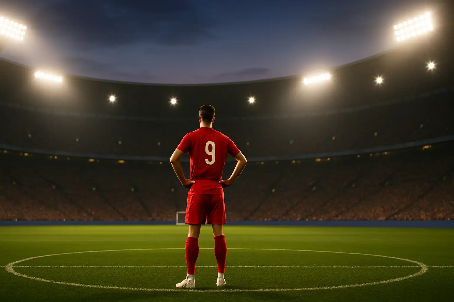 A footballer in a red national team jersey standing on a pitch at a major international tournament
