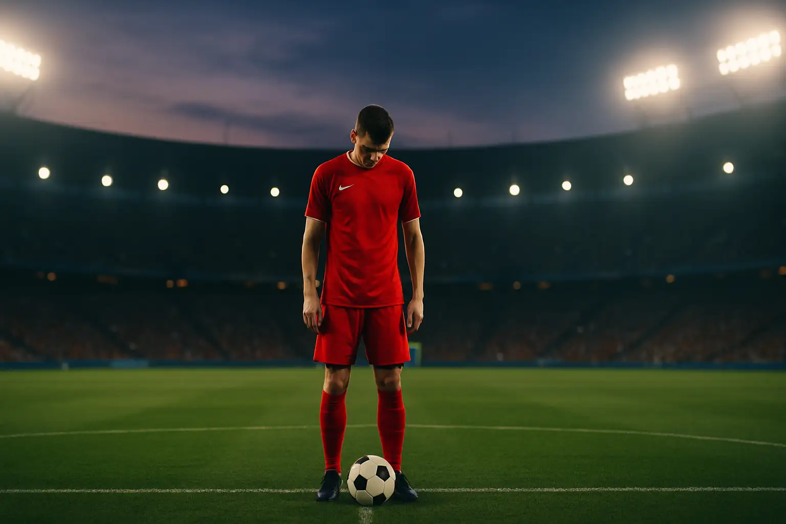 Cristiano Ronaldo in Portugal kit standing on a football pitch looking focused before a major match