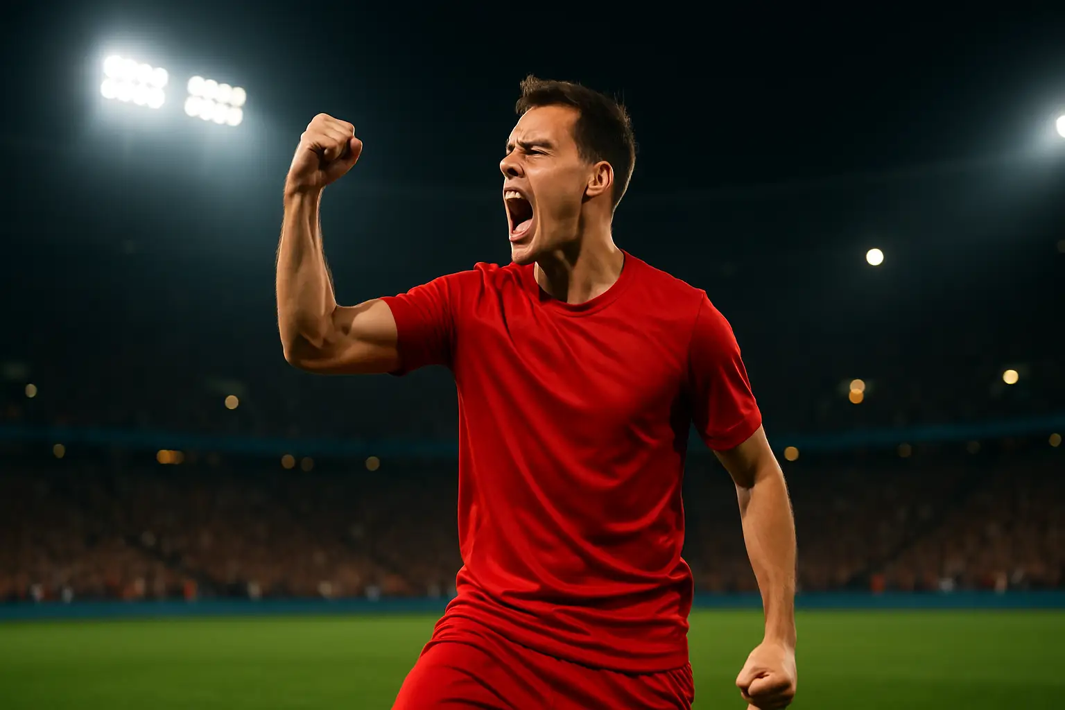 Football player celebrating a goal in a major international tournament stadium