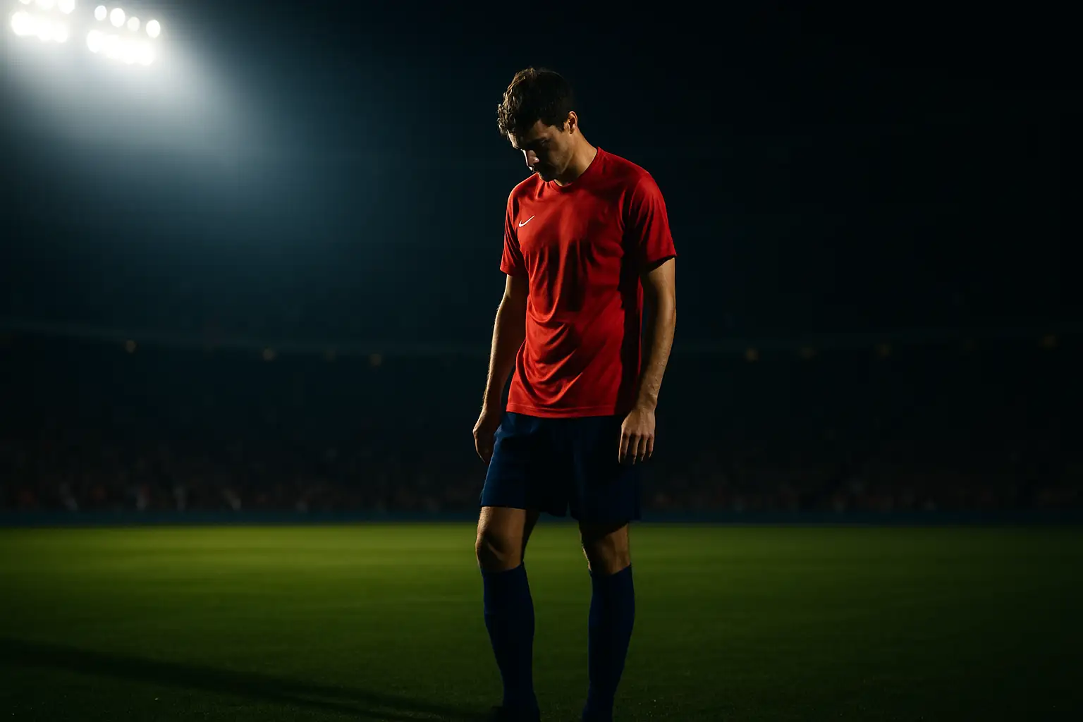 Cristiano Ronaldo in Portugal kit looking downward on a World Cup pitch after a defeat