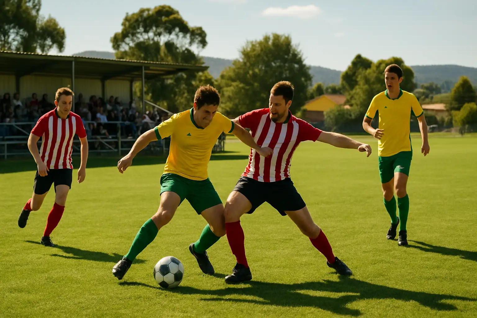 Football players competing in a League Two Men's match in New South Wales