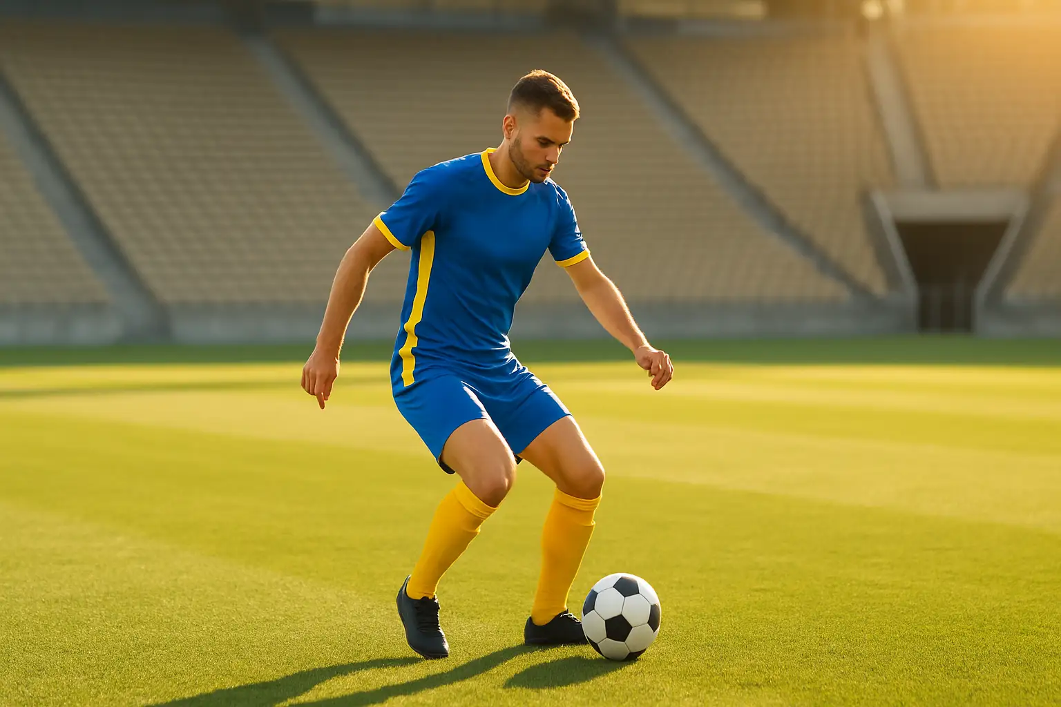 A soccer player in a San Diego FC kit controlling the ball on the pitch during a match