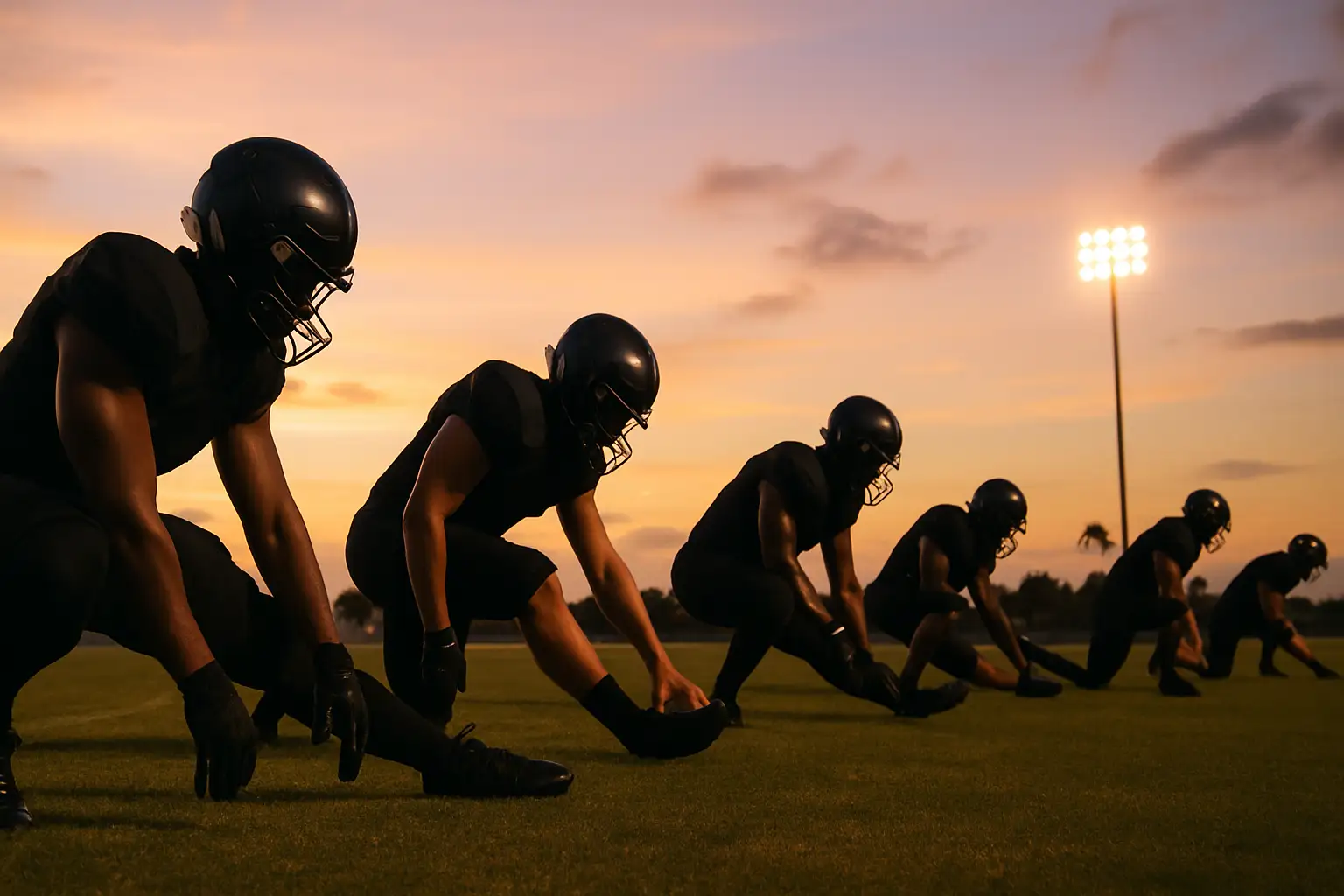 Football players in scorpion-themed uniforms warming up on a Florida field at dusk