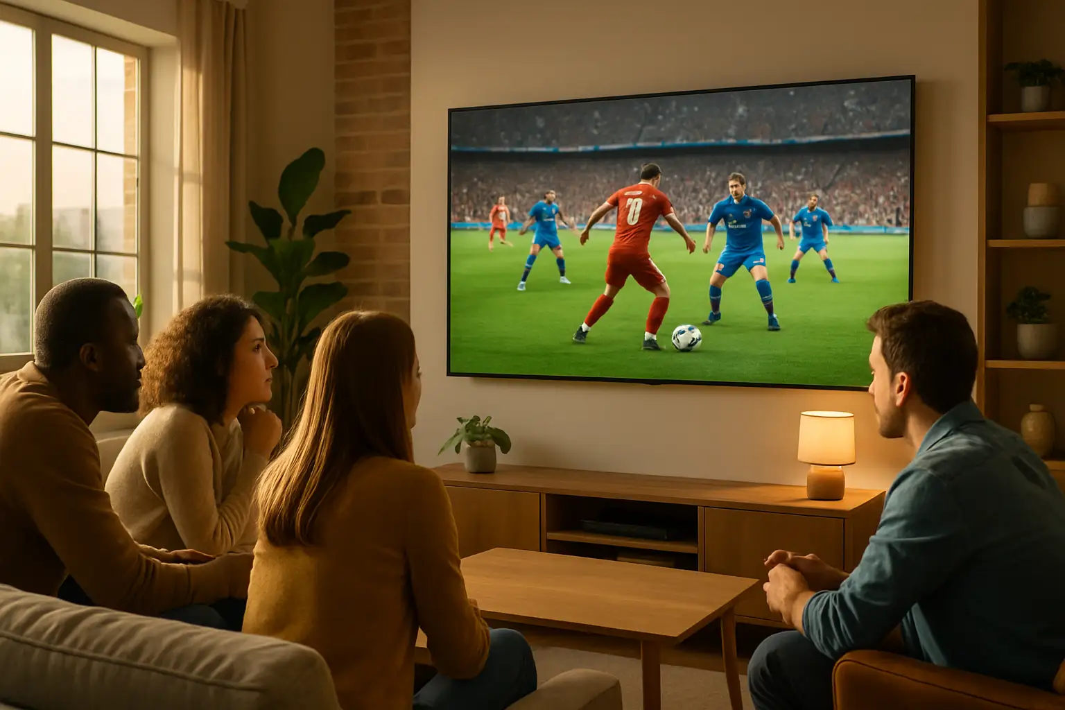 A large television screen showing a live football match broadcast with a crowd of viewers gathered around it