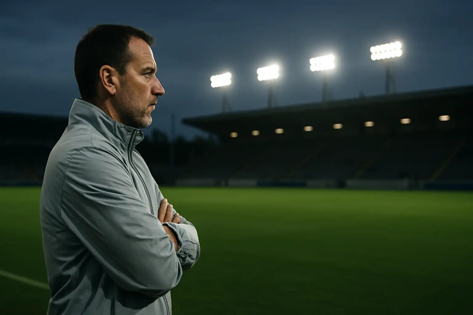 Argentina football coach stands pensively on the sideline after a match