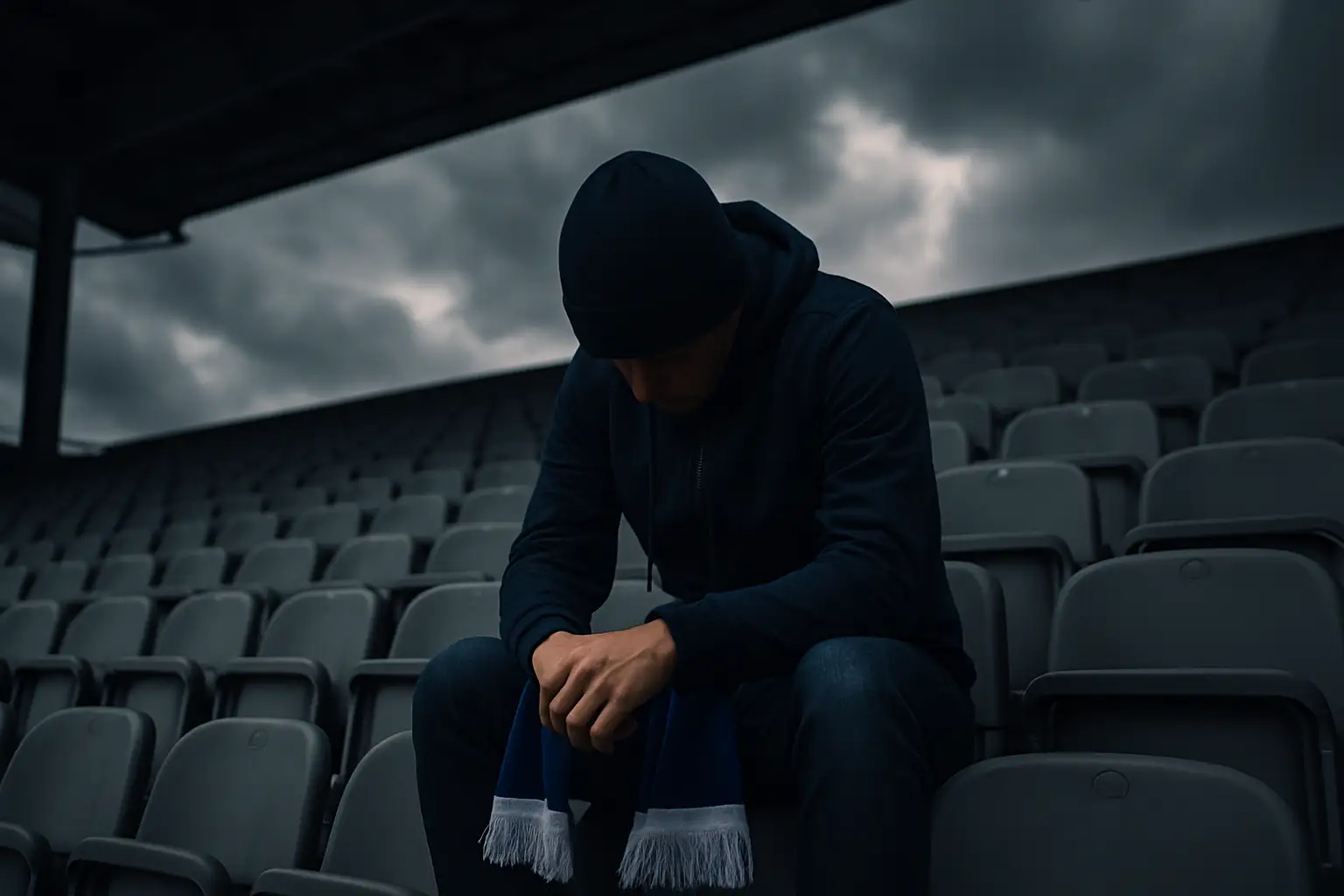 A Scottish football supporter in team colors looking dejected in stadium stands