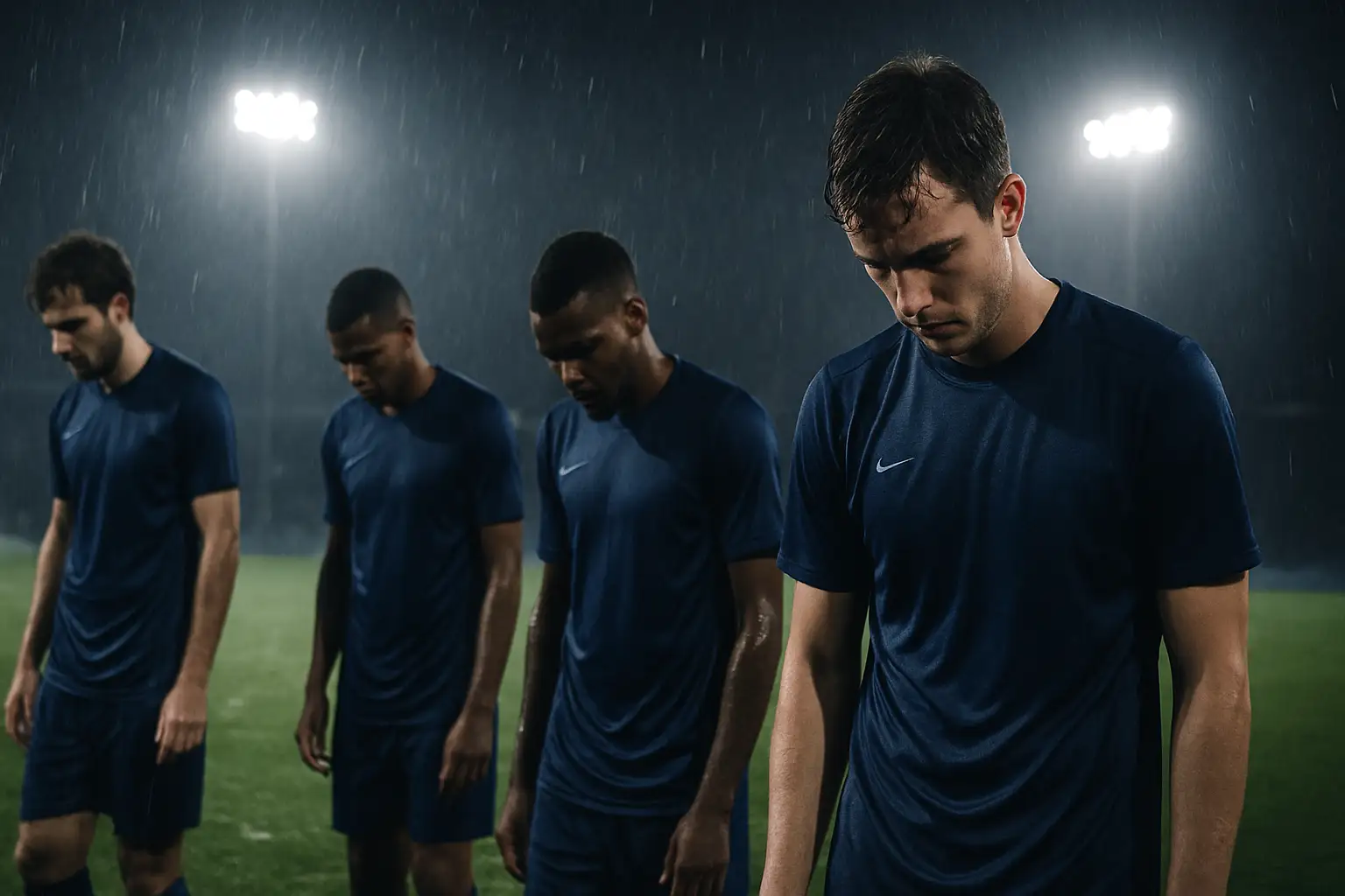 Scotland football players standing on the pitch after a defeat, heads bowed