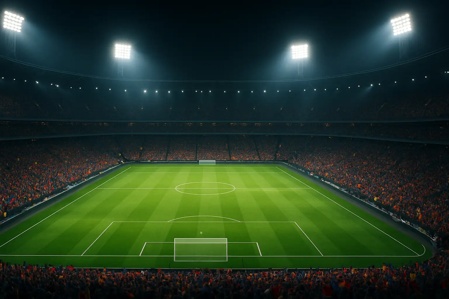 A football stadium packed with fans under floodlights during a major international match