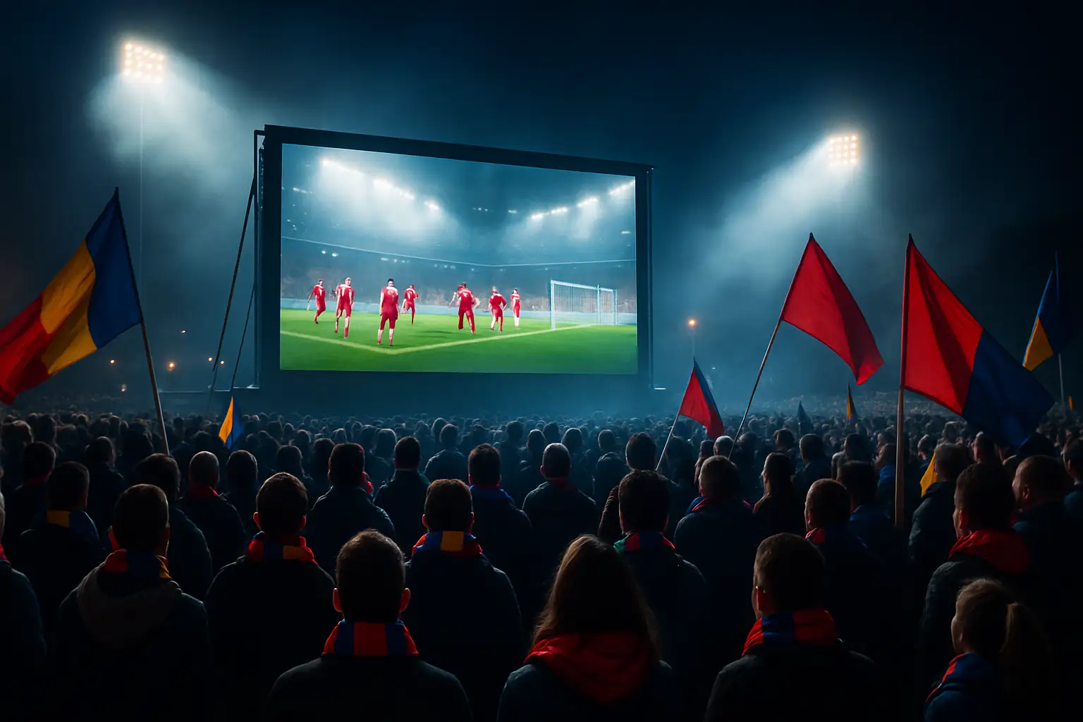 Football fans watching a World Cup match on a large screen outdoors at night