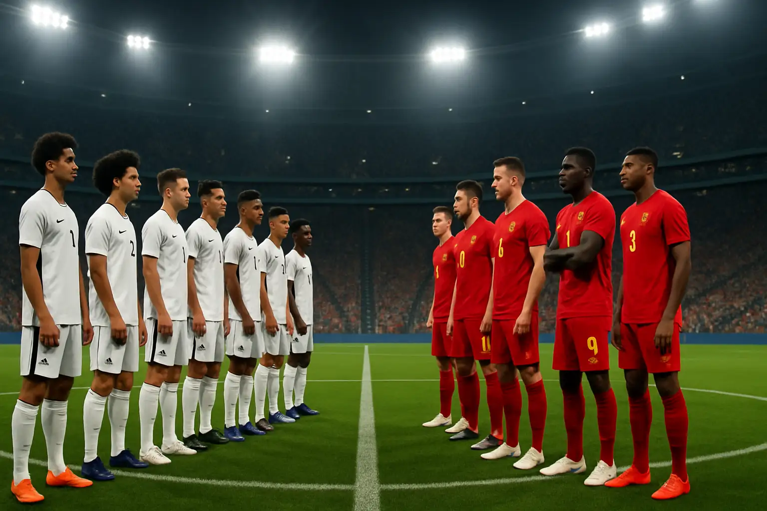 Football players from two national teams competing on a World Cup stadium pitch under bright floodlights