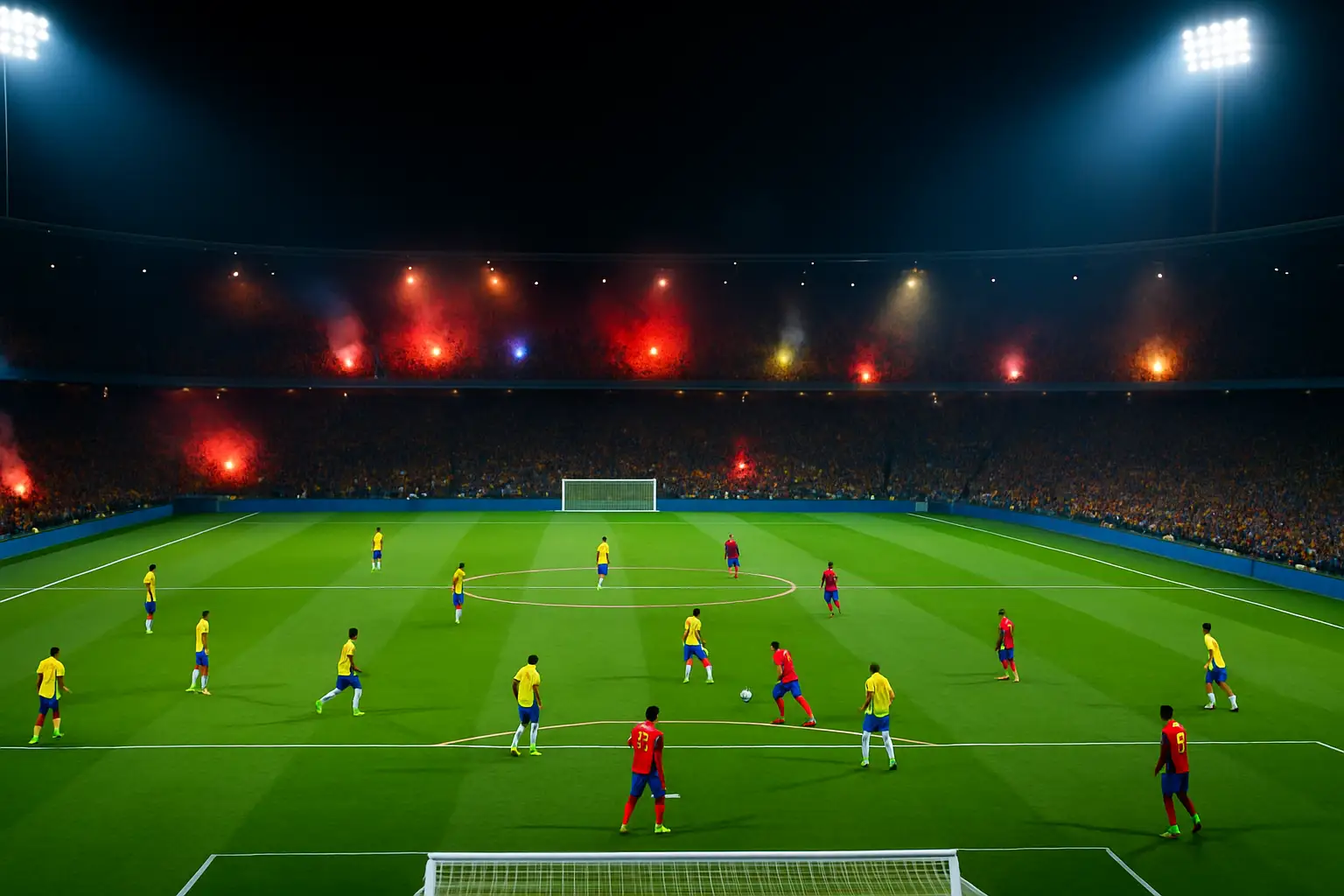 Football players from two international teams competing on a large stadium pitch during a major tournament