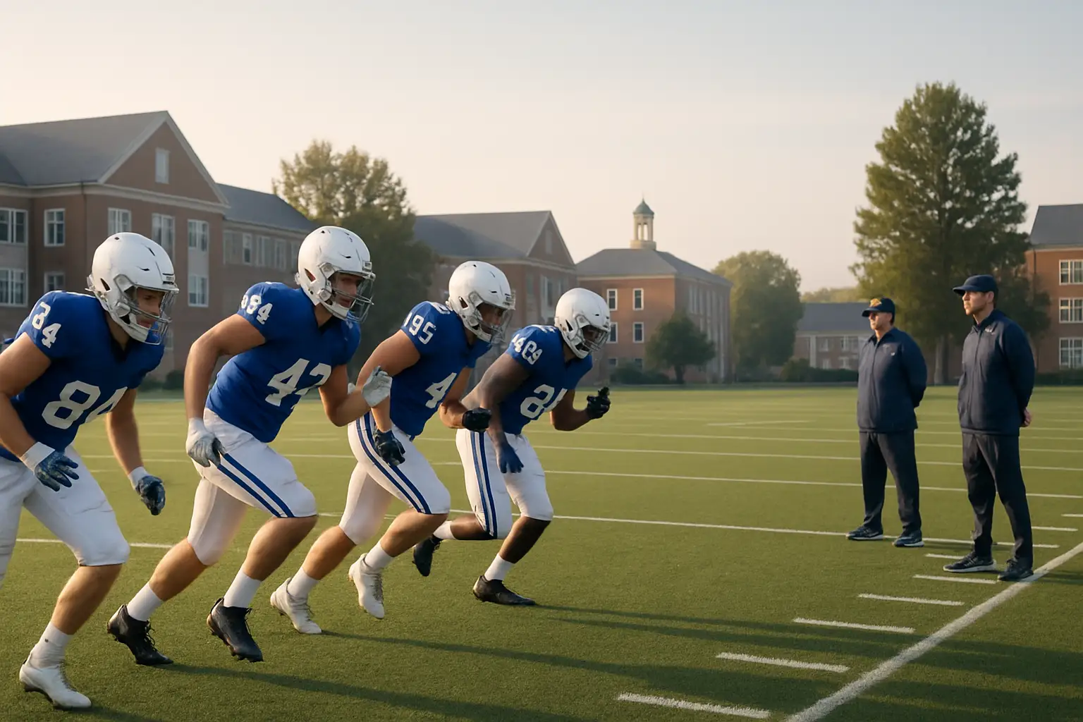 UNH Wildcats football players running drills on a college practice field under a clear sky