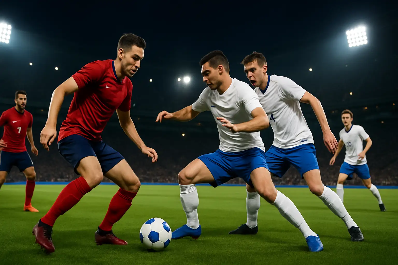 Football players competing in a World Cup group stage match under stadium floodlights
