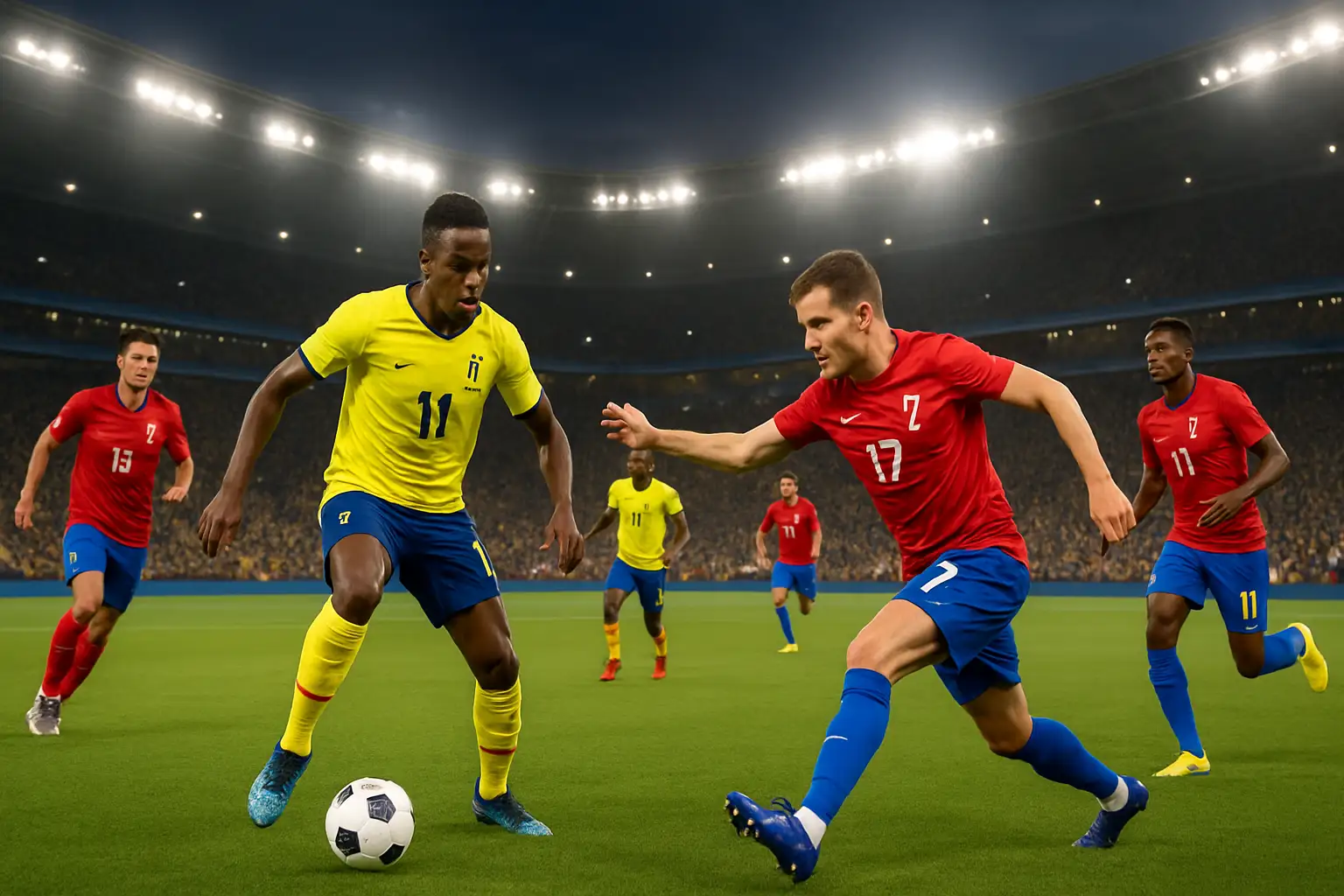Football players from Senegal and Iraq competing during a 2026 FIFA World Cup group stage match