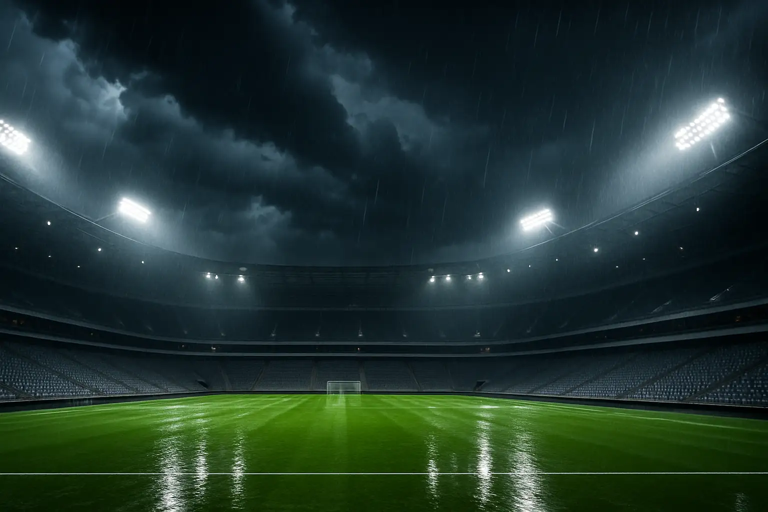 A football stadium under dark stormy skies with heavy rain falling on the pitch