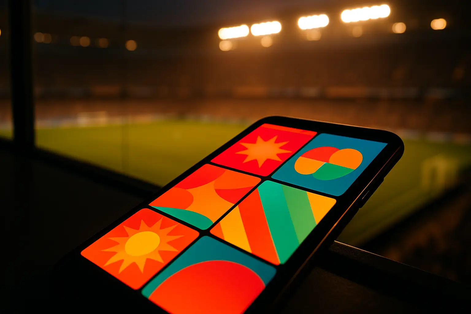 Smartphone displaying social media app with football stadium in background