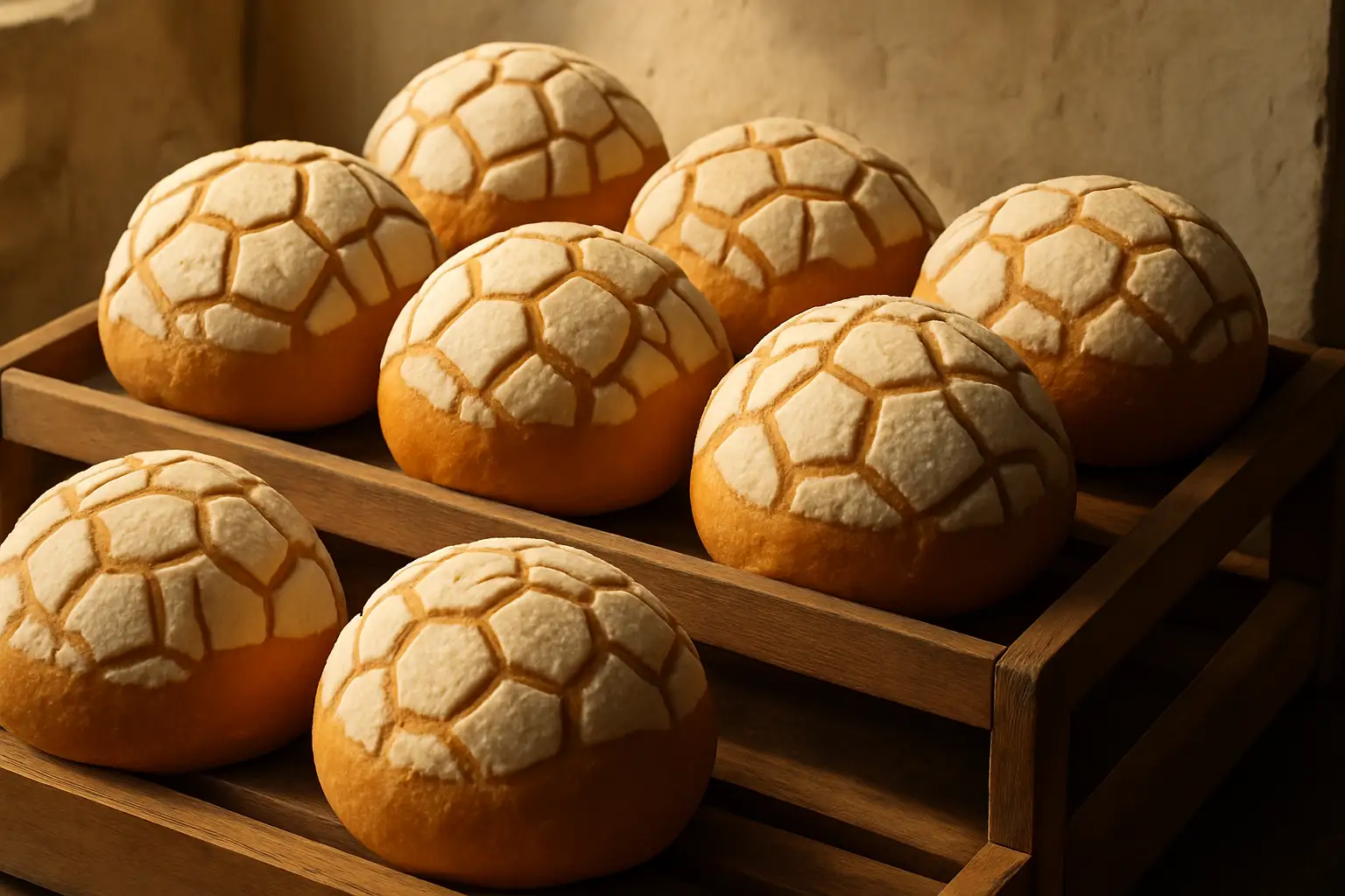 A tray of freshly baked conchas decorated with soccer ball sugar patterns on a bakery counter
