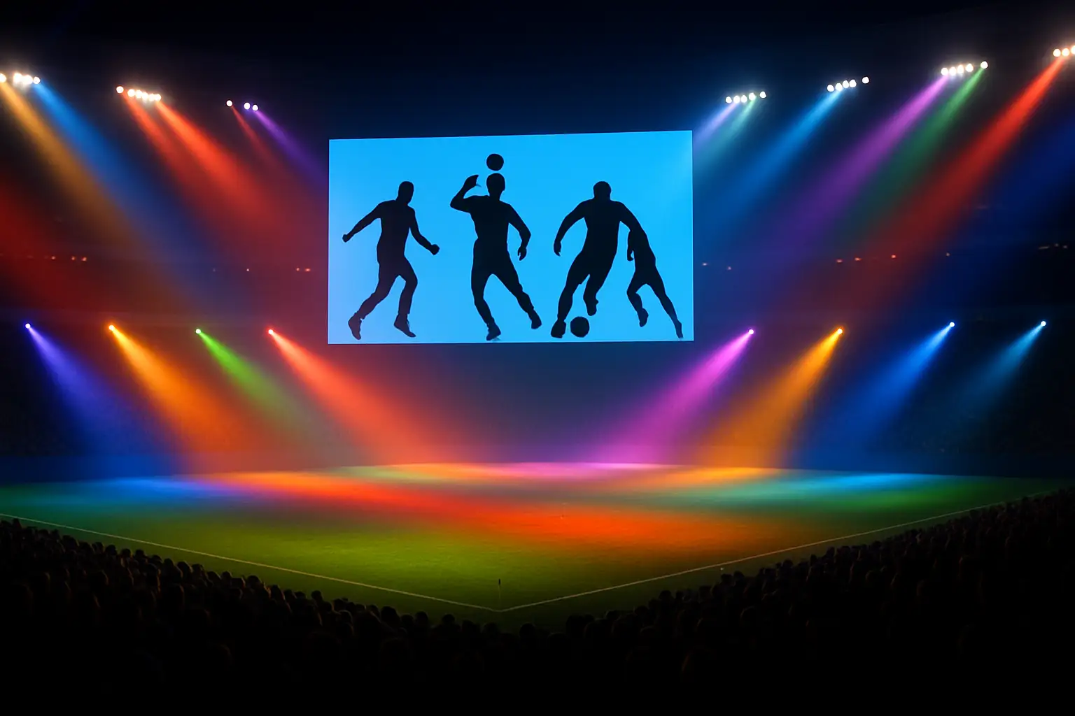 Silhouettes of football players on a glowing stadium pitch during a halftime ceremony