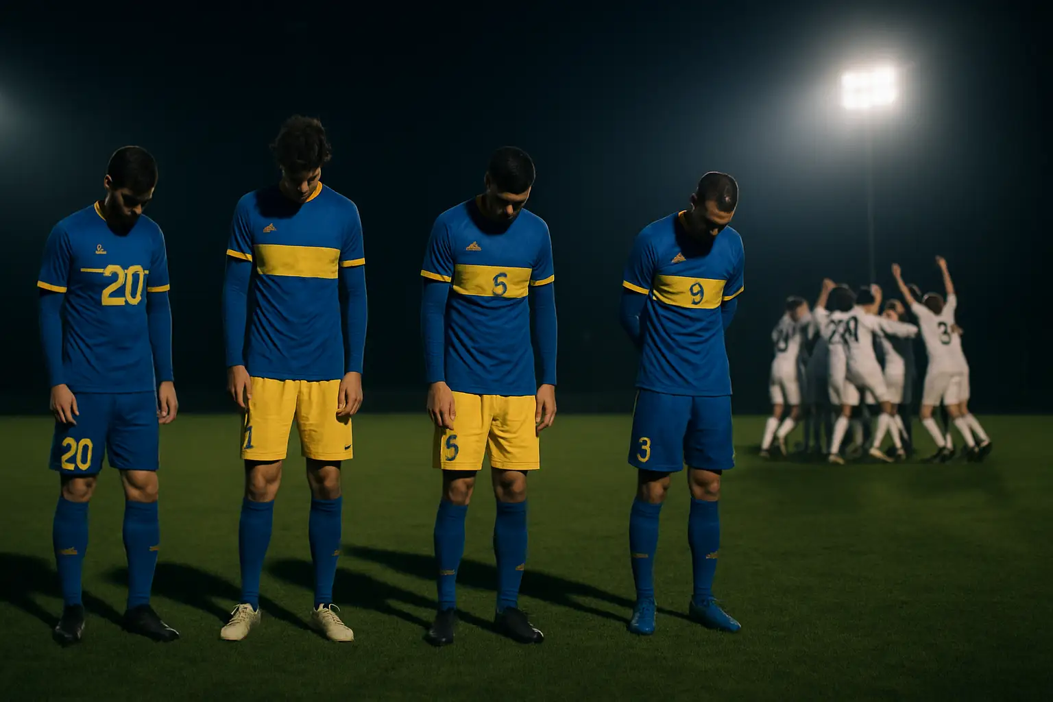 Australian football players looking dejected after a penalty shootout loss at the World Cup