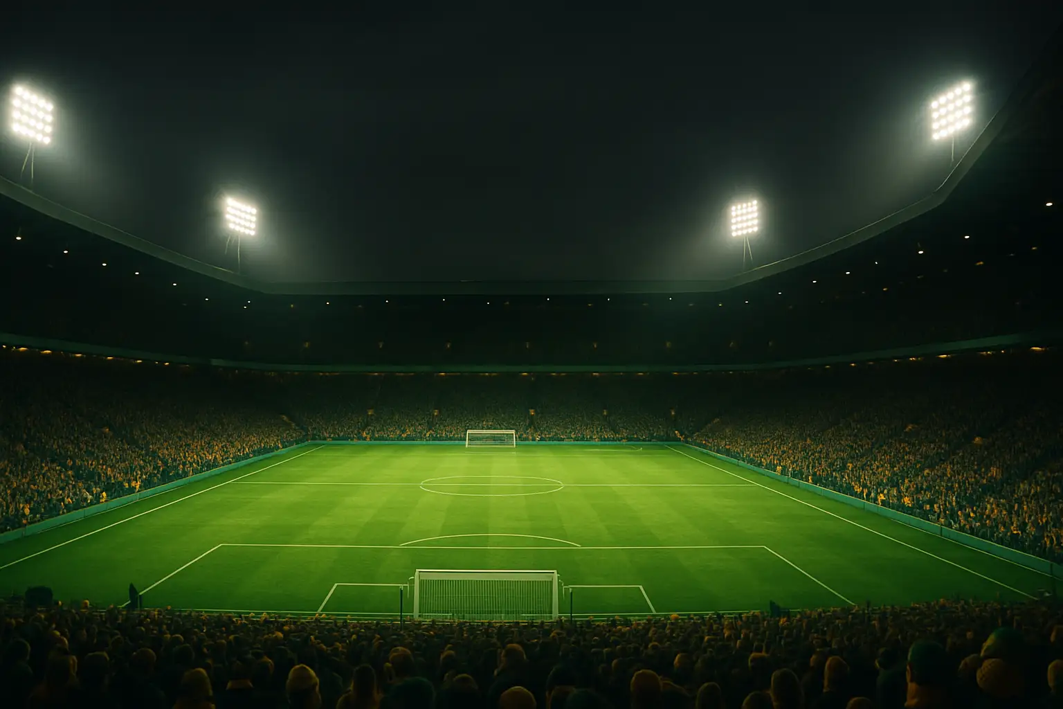 A football stadium filled with Australian fans waving flags under bright floodlights