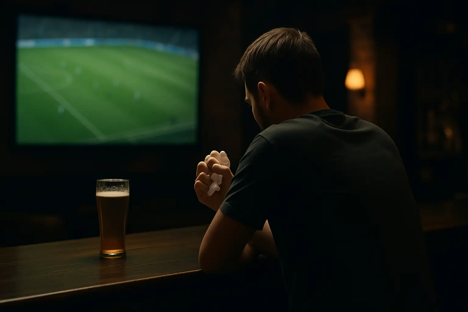 A dejected football fan watching a match in a Sydney pub, looking at a betting slip