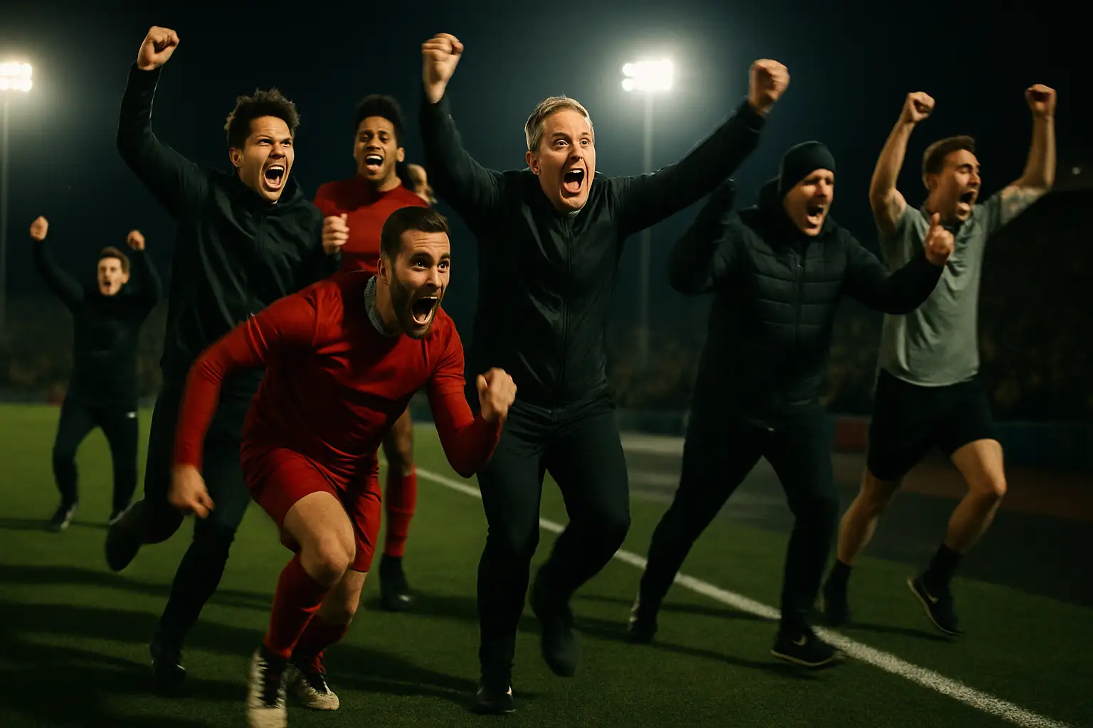 Football coaching staff and substitutes erupting in celebration on a floodlit sideline