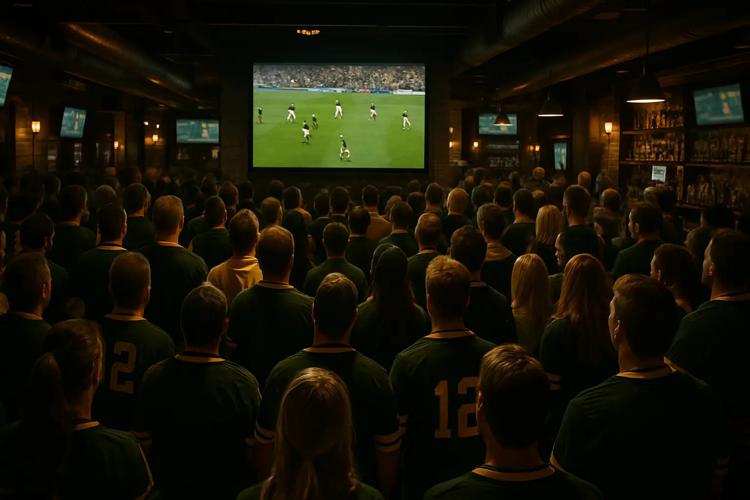Australian football fans watching a World Cup match on a large screen in a packed venue