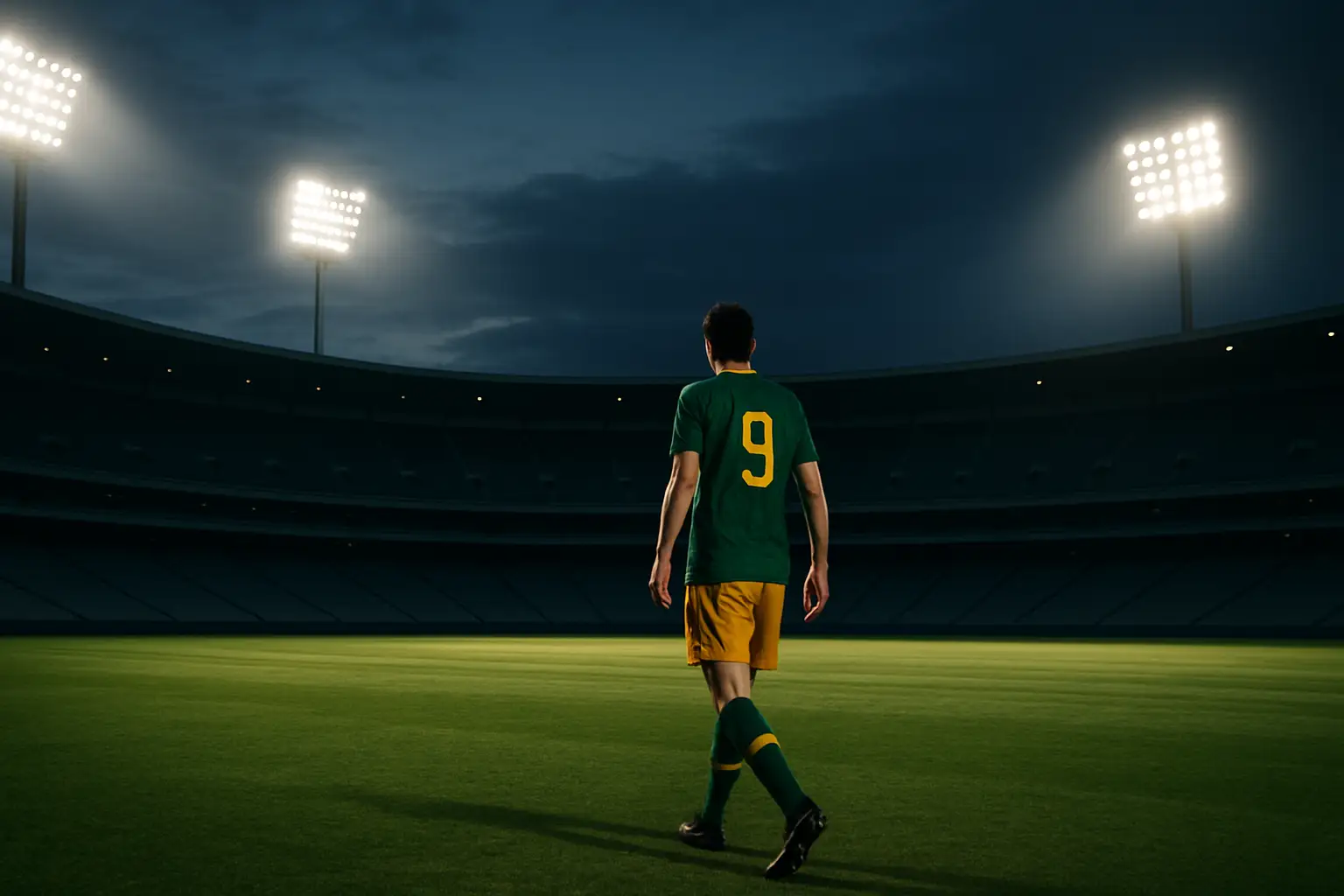 A football player in an Australian national team jersey walking across a pitch with stadium lights in the background