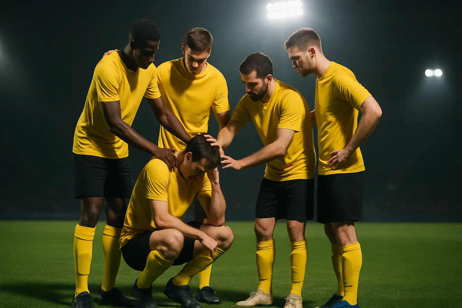 Socceroos players consoling a teammate on a football pitch during an international match