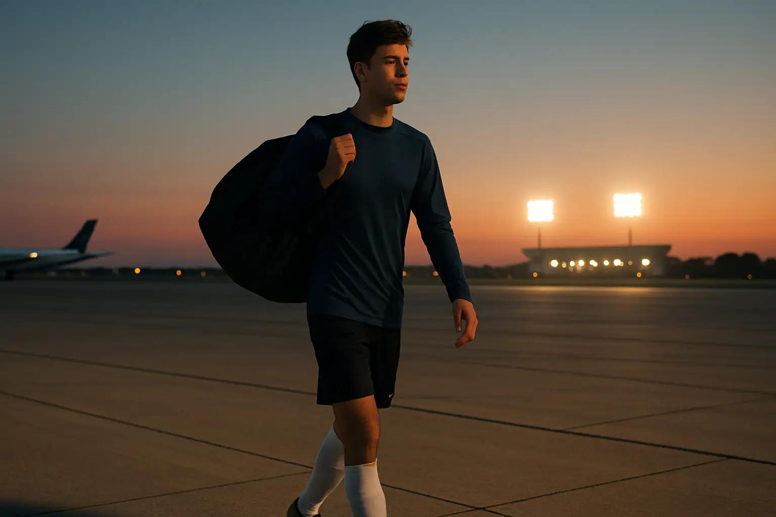Australian footballer boarding a plane with a kit bag, symbolizing a European transfer move