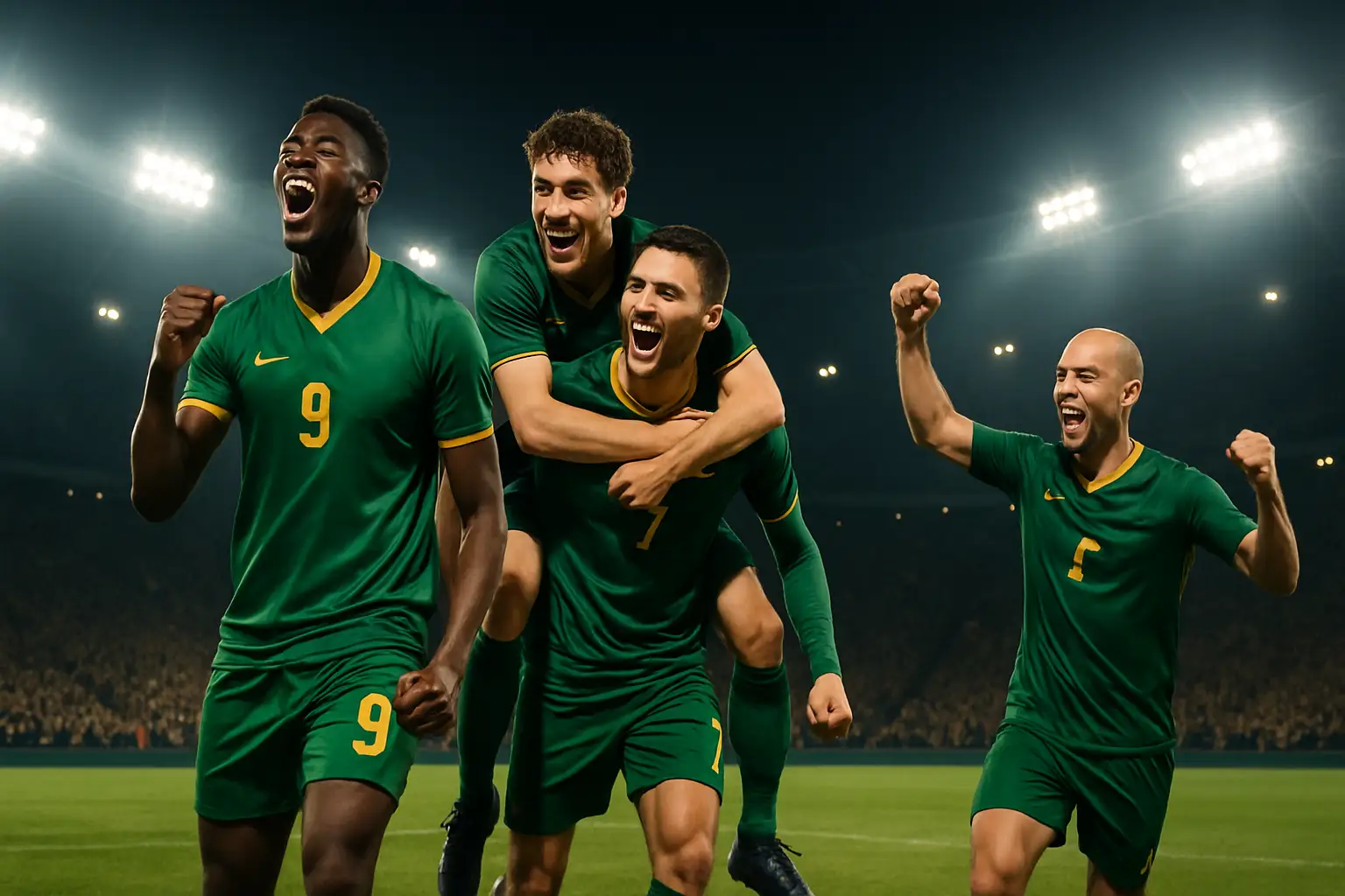 Australian football players celebrating a goal in a packed stadium under bright floodlights