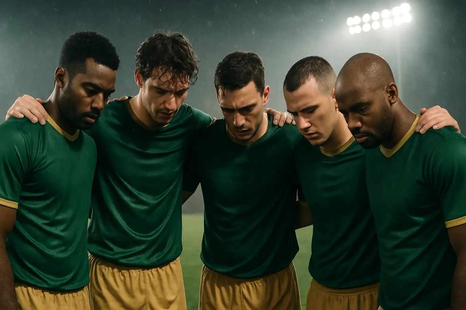 Australian football players in a huddle on the pitch looking frustrated during a match