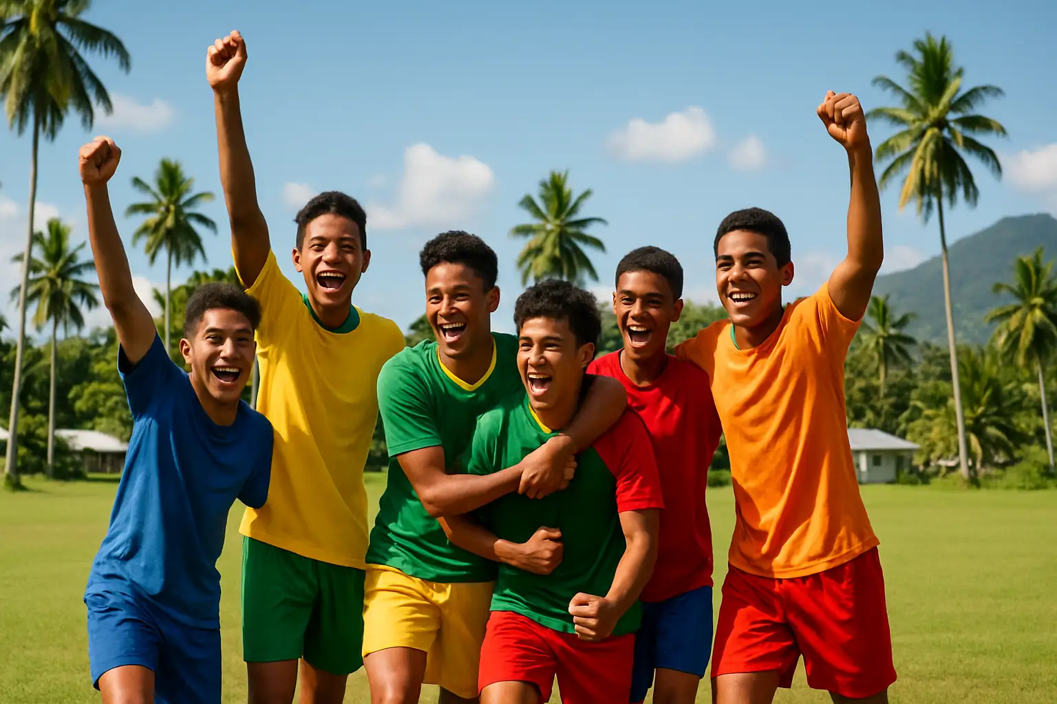 Young Pacific footballers celebrating on a pitch after qualifying for an international tournament