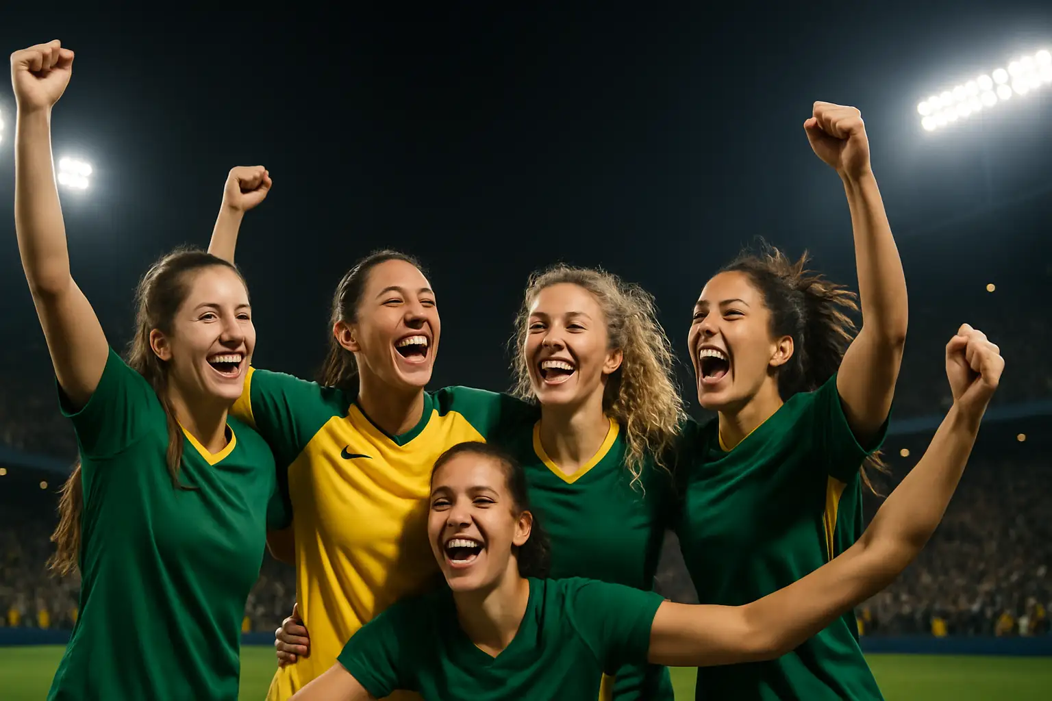 South Africa women's football players celebrating a victory on the pitch