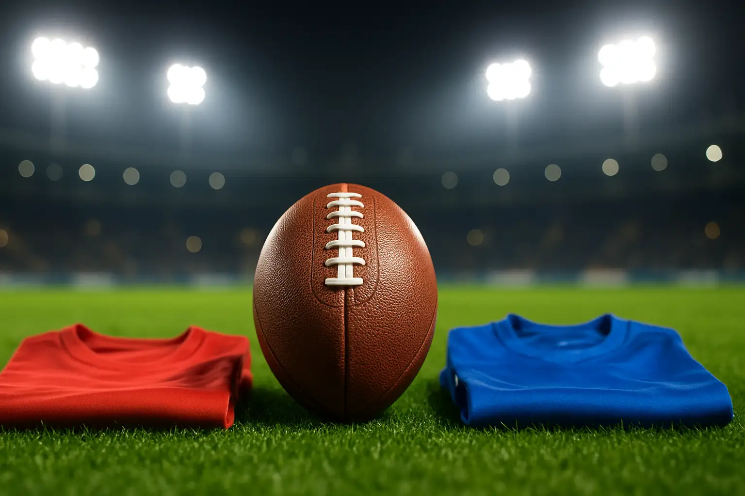 A football on a green pitch with two sets of national team jerseys laid out side by side