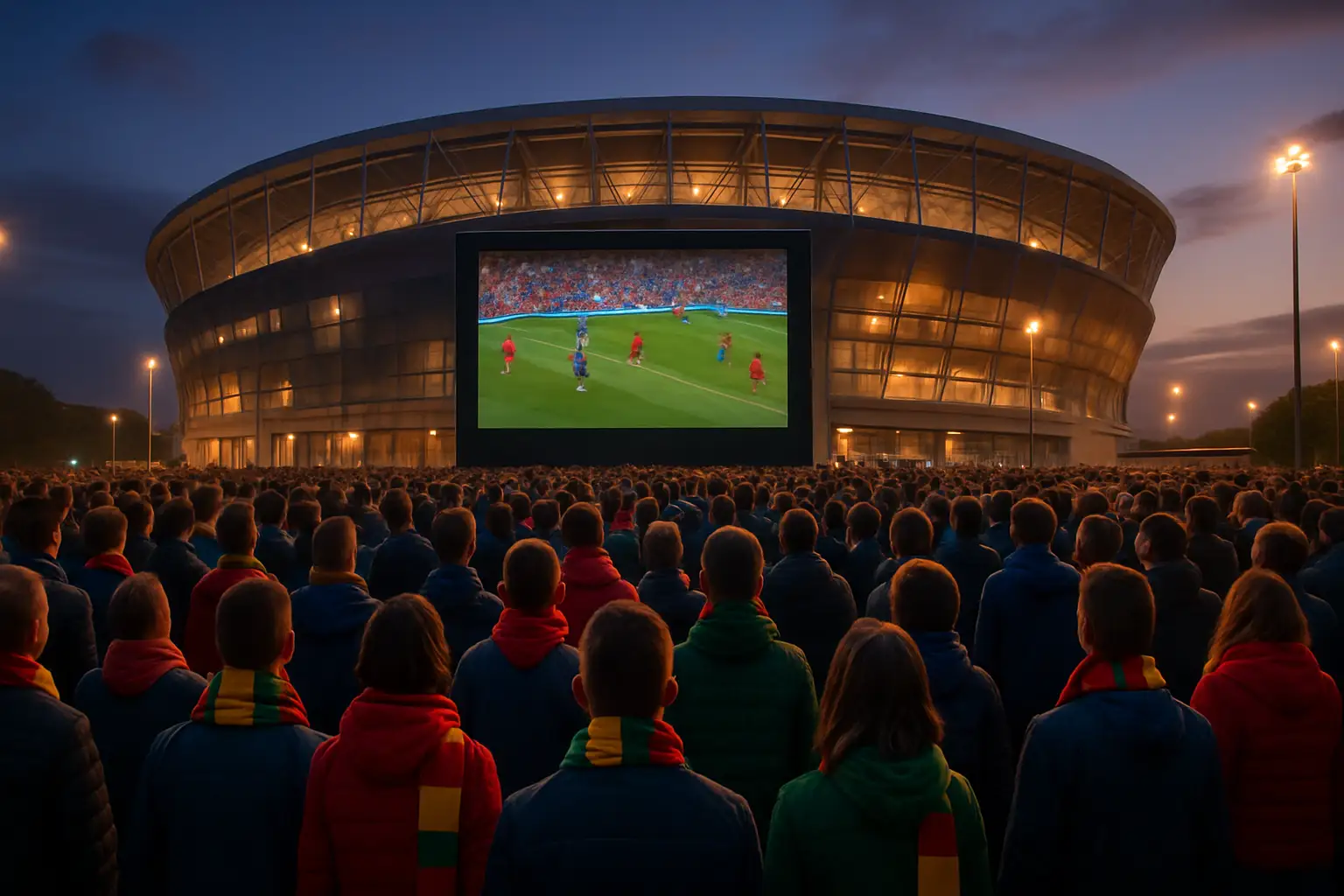 Football fans watching a World Cup match on a large outdoor screen at night