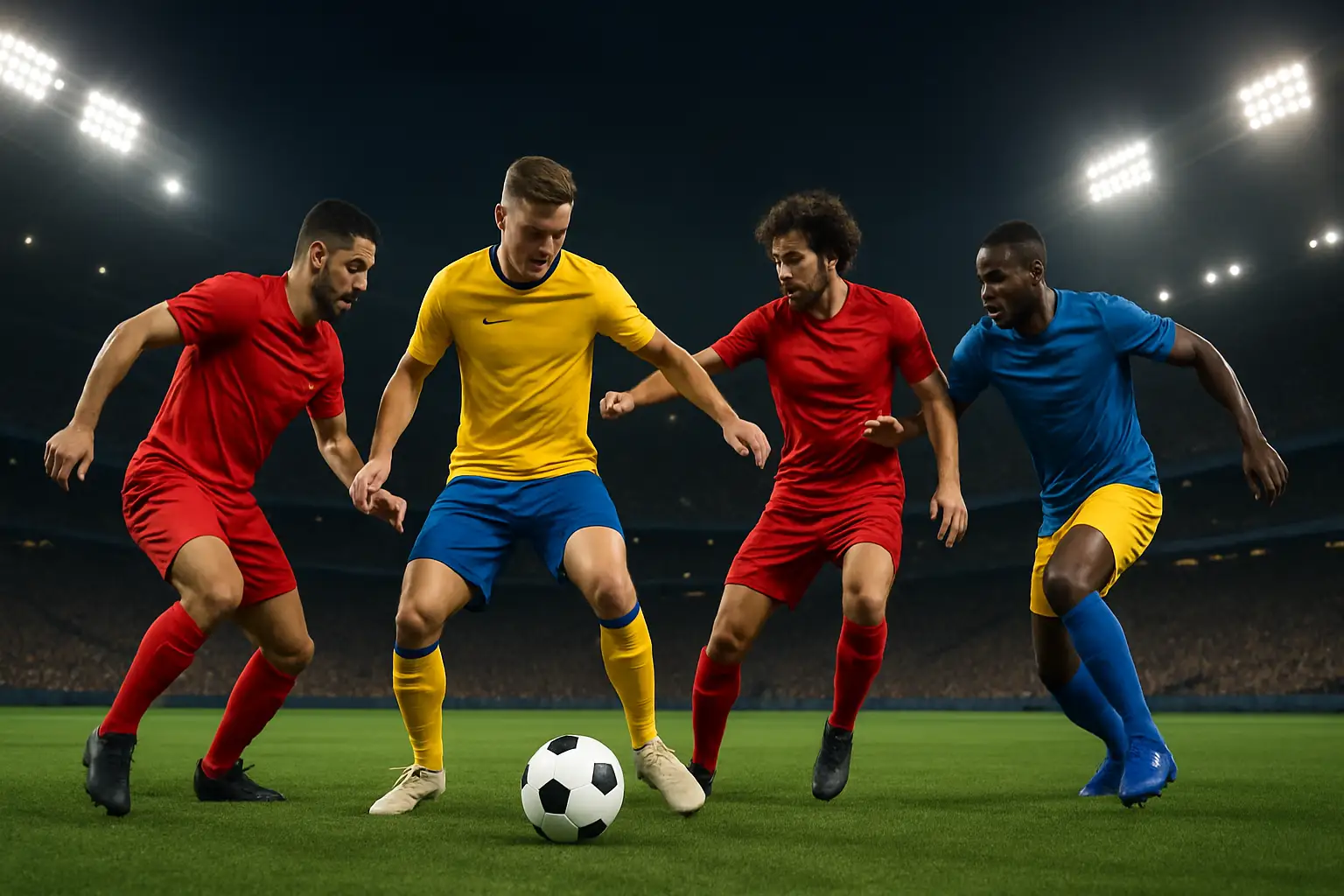 Football players from two international teams competing on a green pitch under stadium lights
