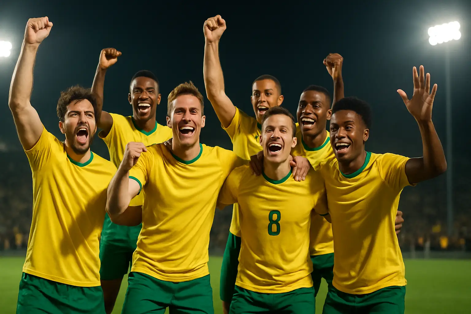 South Africa football team celebrating on a pitch at night under stadium lights