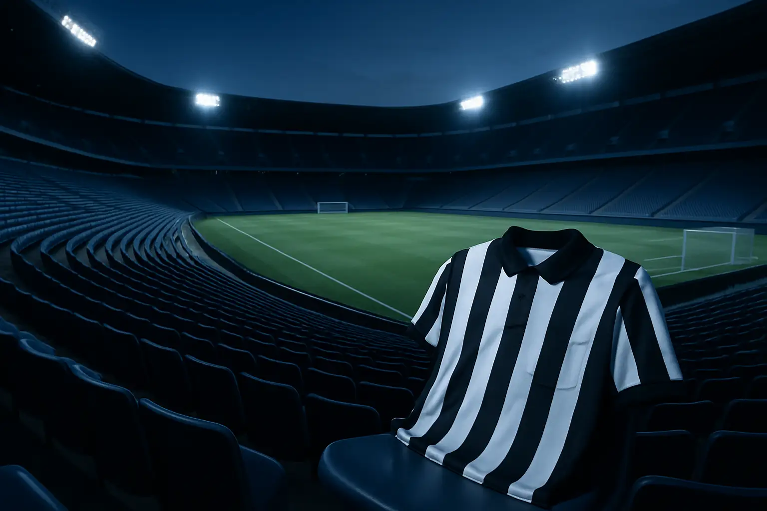 Empty football stadium with official seats and a lone referee jersey draped over a chair