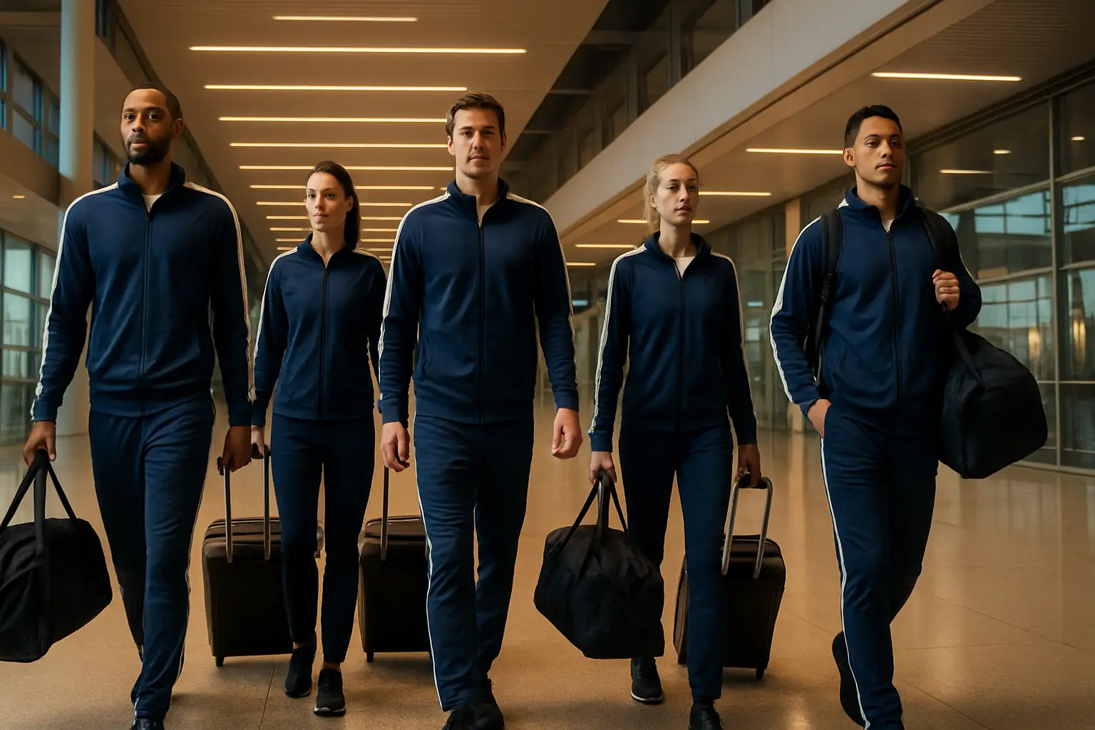 South Korea football players walking through an airport terminal with luggage, preparing for an international camp