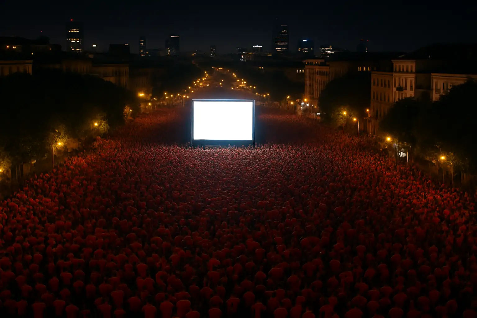 A crowd of South Korean football fans in red jerseys watching a match together on a large outdoor screen at night