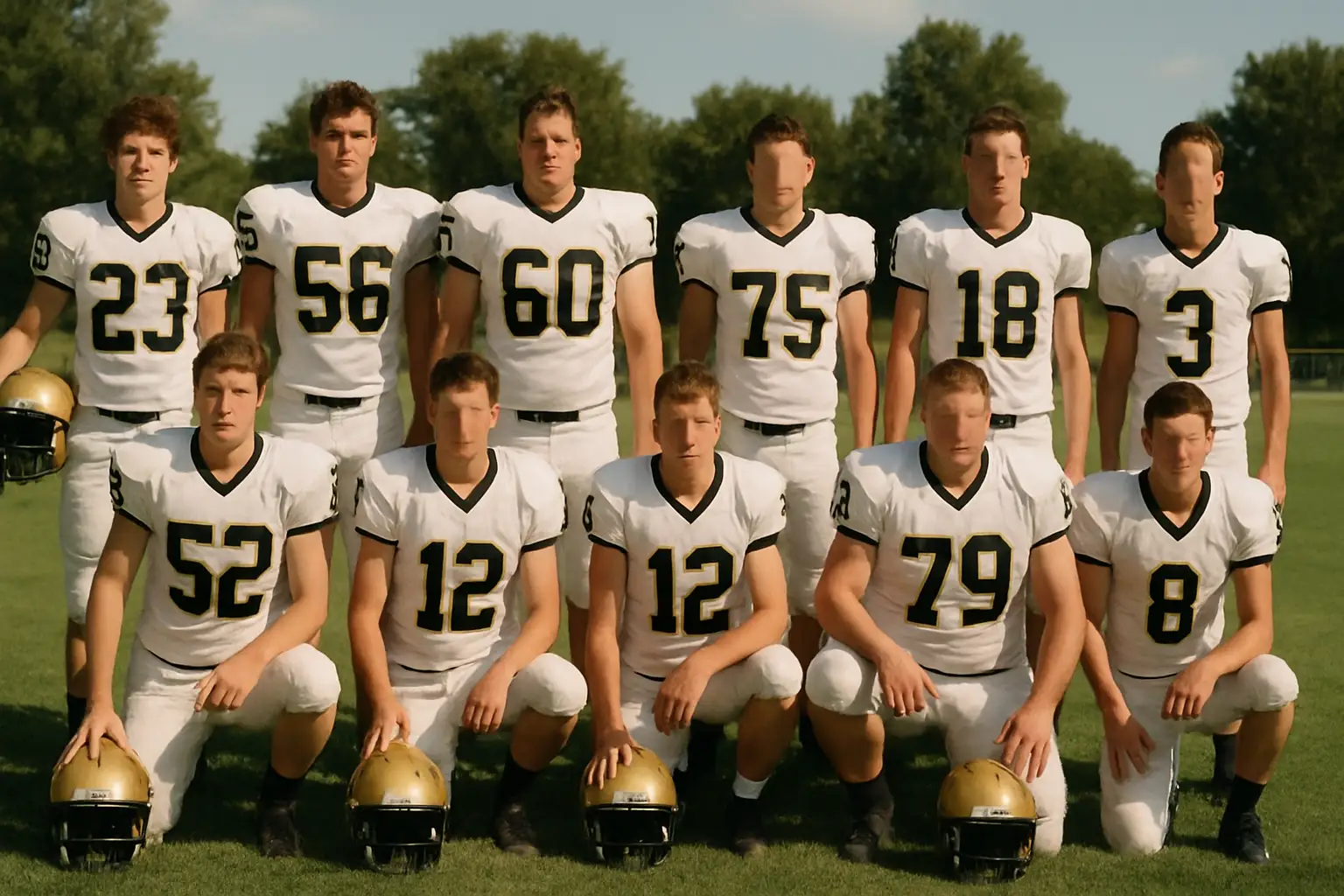 High school football players lined up in uniforms during a media day photo session on a football field