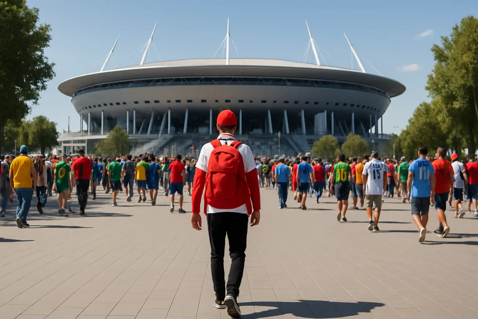 A fan in Canadian colors walking through a World Cup host city stadium precinct