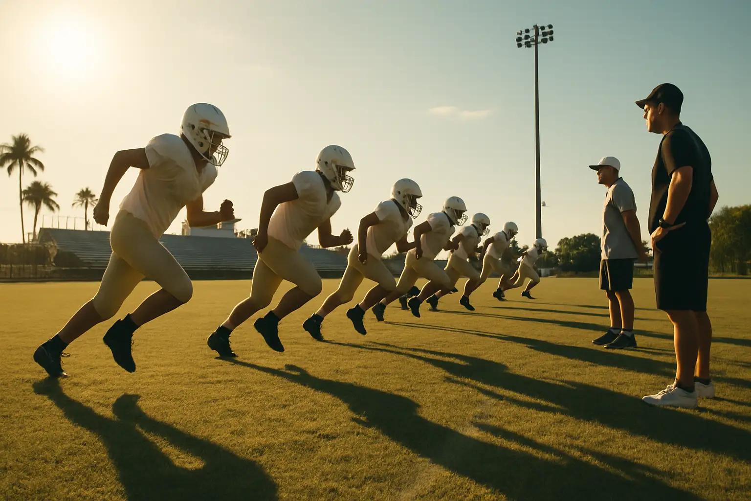 High school football players running practice drills on a field in Florida