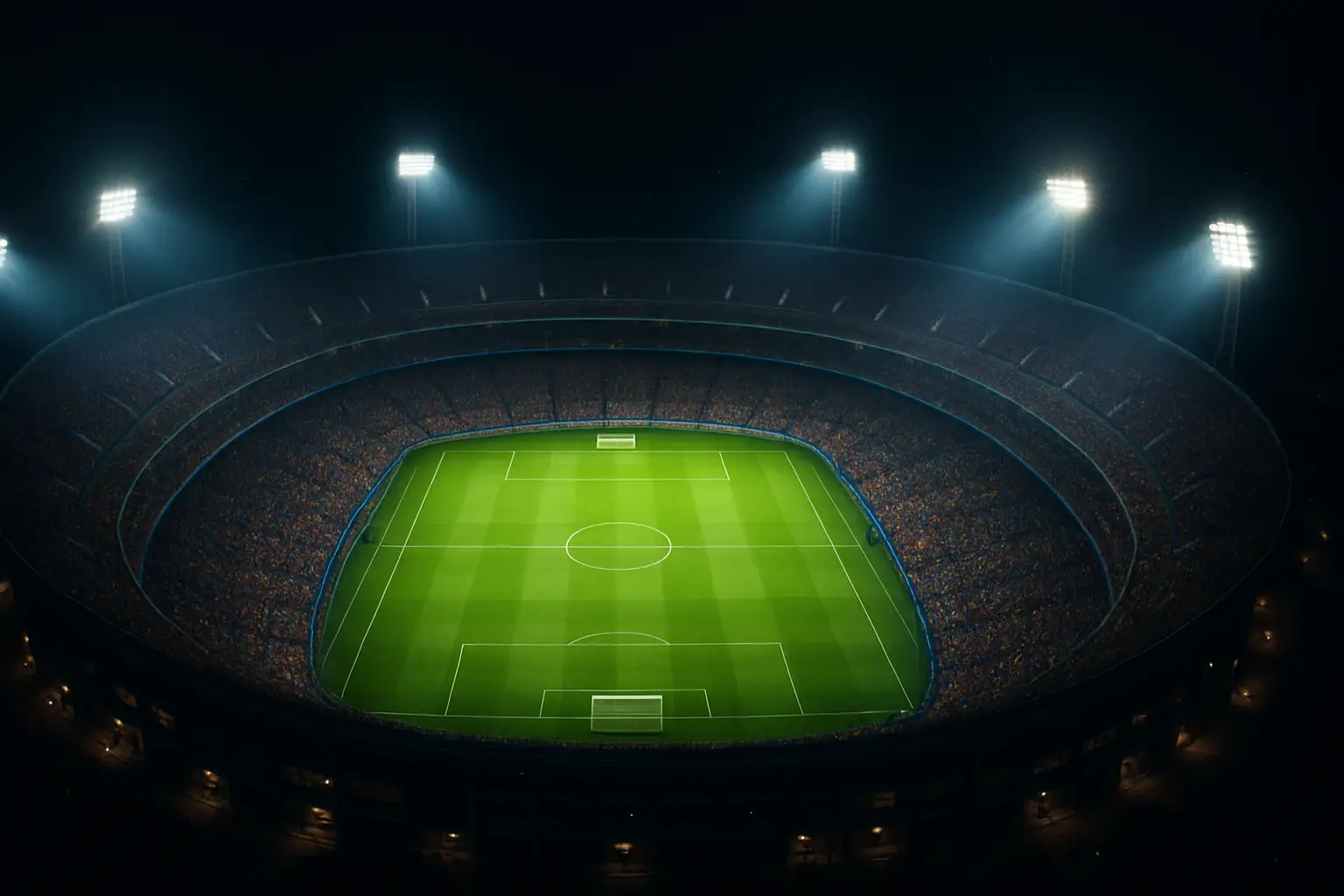 A packed football stadium at night with green pitch illuminated under floodlights, flags waving in the stands