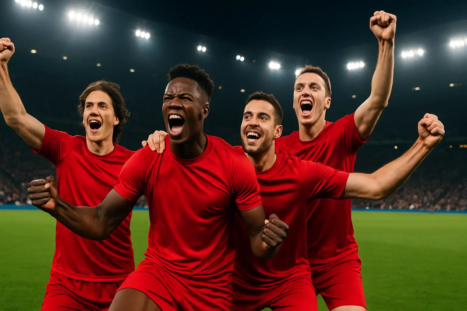 Spanish football players celebrating on the pitch after a decisive victory over France