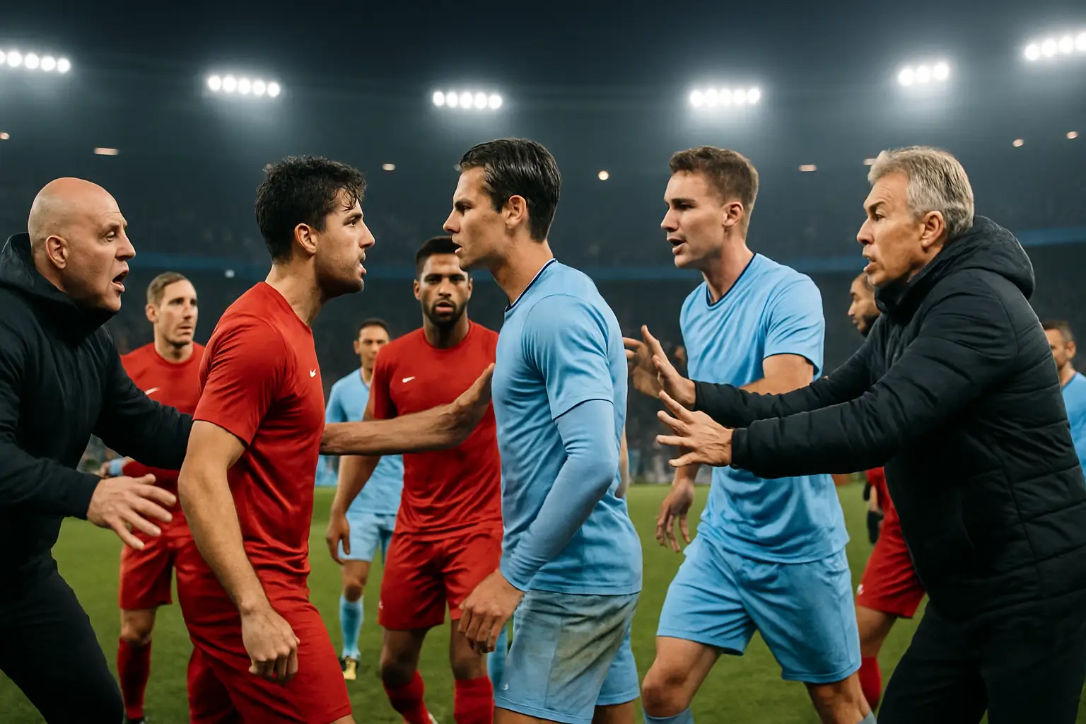 Football players from two rival nations confronting each other on a stadium pitch after a major match