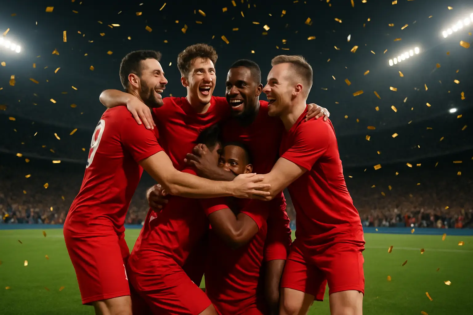 Spanish football players celebrating after winning a semifinal match to reach the World Cup final