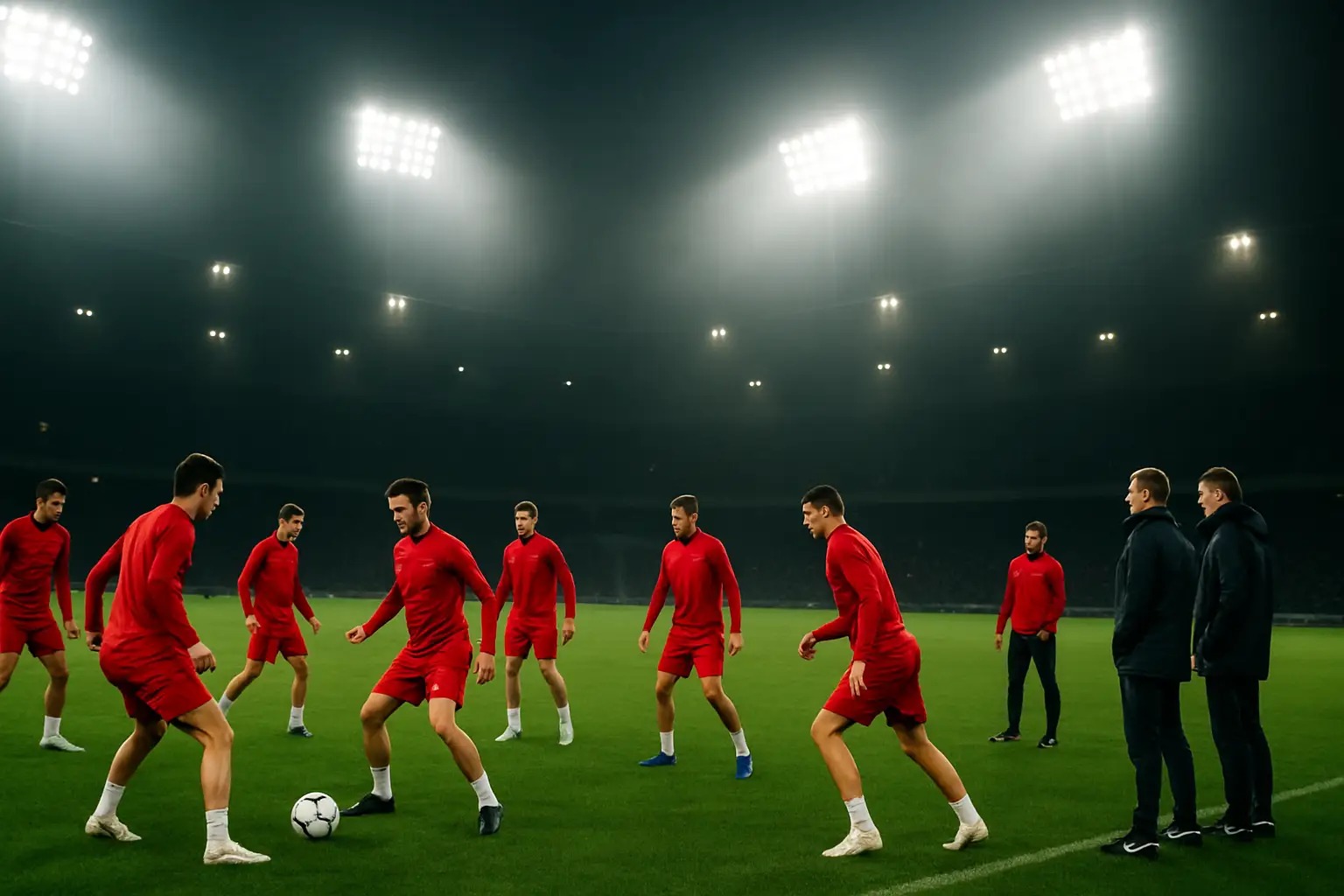 Spain national football team players training on a green pitch under bright stadium lights