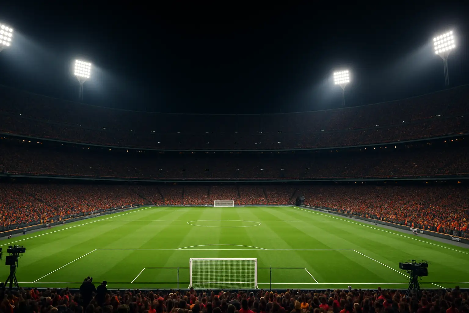 A football stadium filled with fans watching a live international match under floodlights